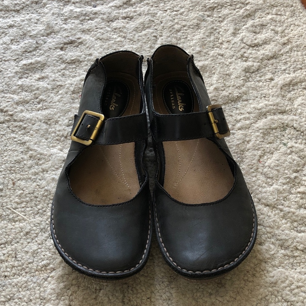 Clarks Black Leather Mary Jane Flats with Brass Buckles